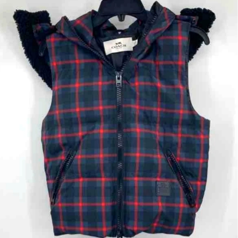 COACH Riley Red & Blue Buffalo Plaid Fleece Hooded Vest XS/Small